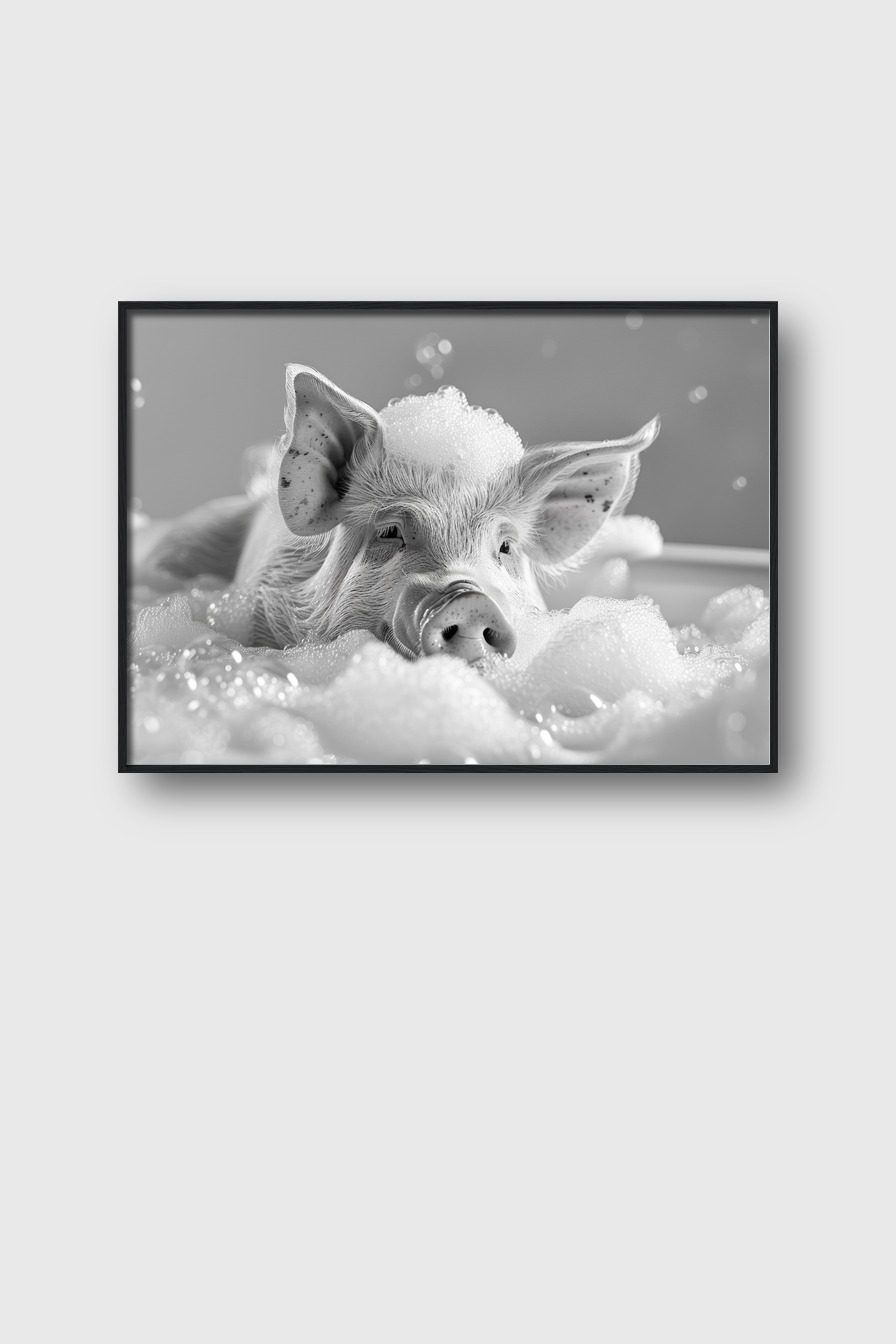 Fotografie Poster Schwein Schaumbad schwarz-weiß Nahaufnahme