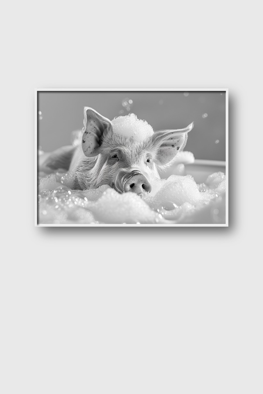 Fotografie Poster Schwein Schaumbad schwarz-weiß Nahaufnahme
