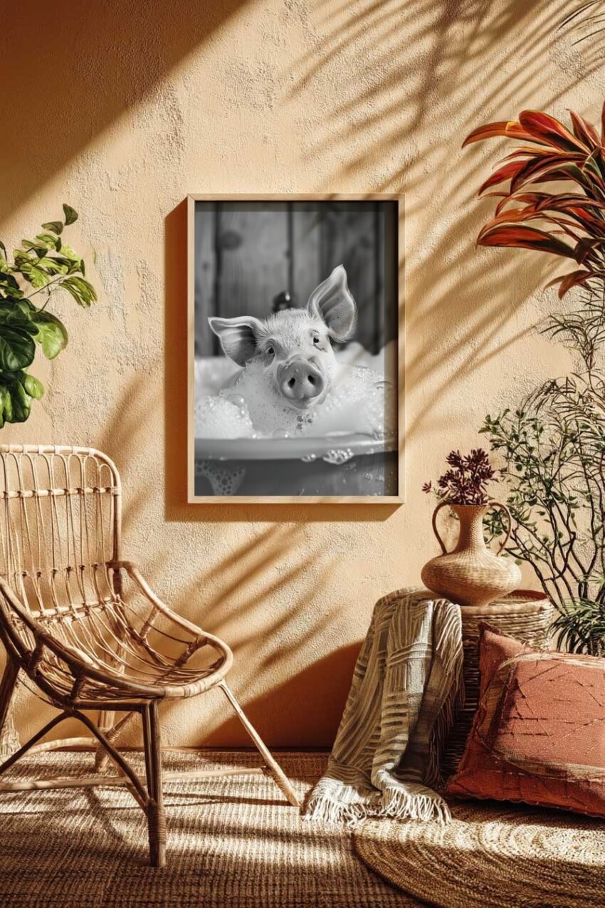 Fotografie Poster Schwein Badewanne schwarz-weiß