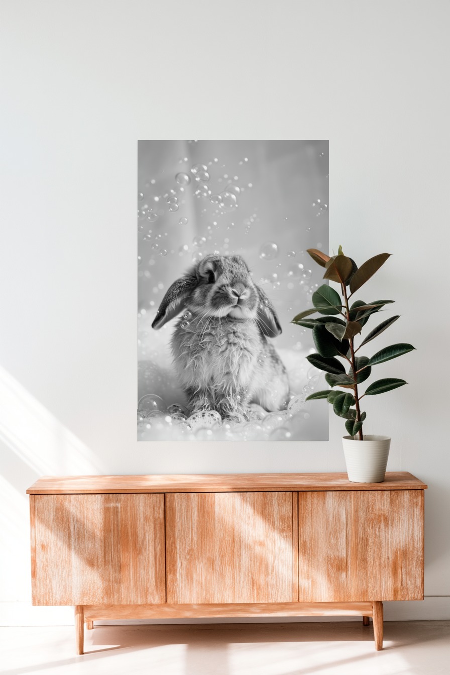 Fotografie Poster Kaninchen Seifenblasen schwarz-weiß