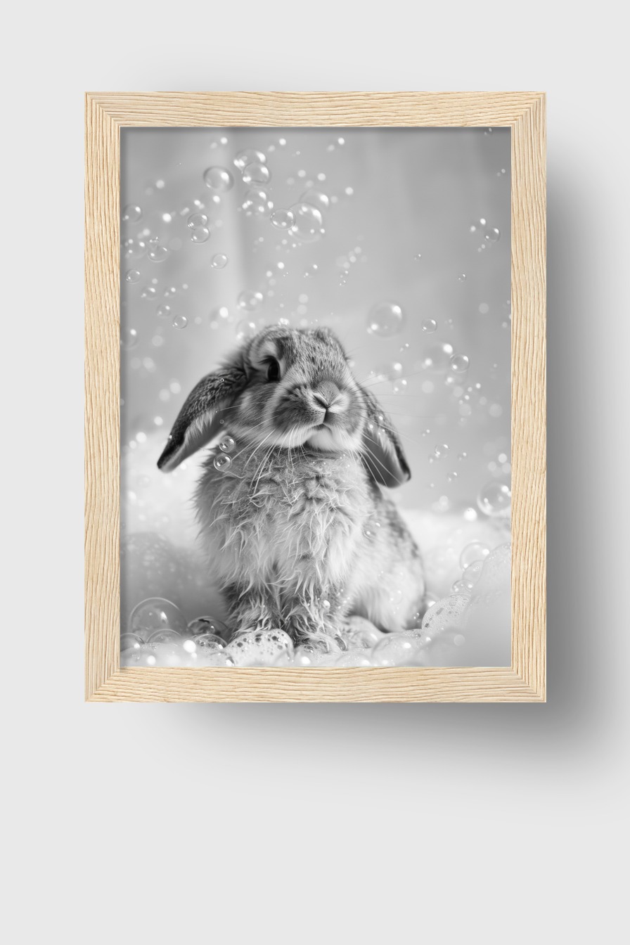 Fotografie Poster Kaninchen Seifenblasen schwarz-weiß