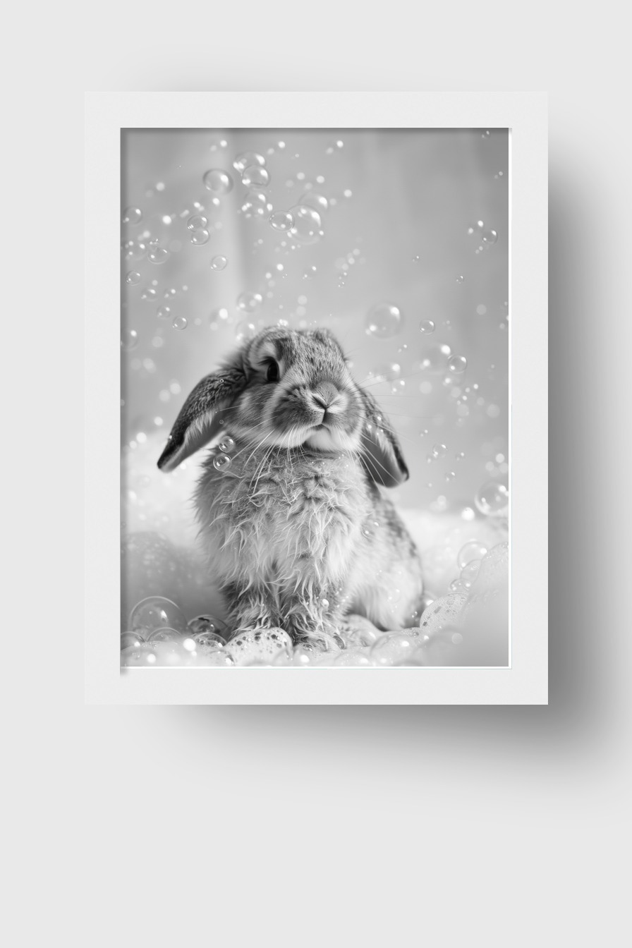 Fotografie Poster Kaninchen Seifenblasen schwarz-weiß