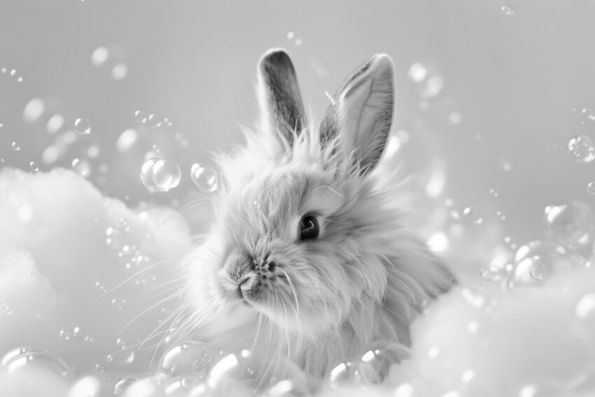 Fotografie Poster Kaninchen schwarz-weiß Schaum Seifenblasen