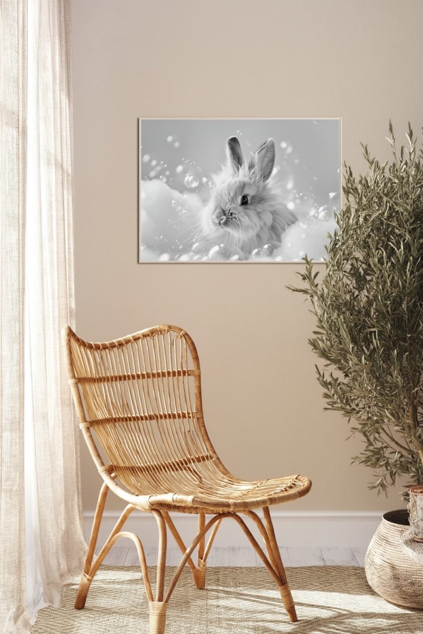 Fotografie Poster Kaninchen schwarz-weiß Schaum Seifenblasen