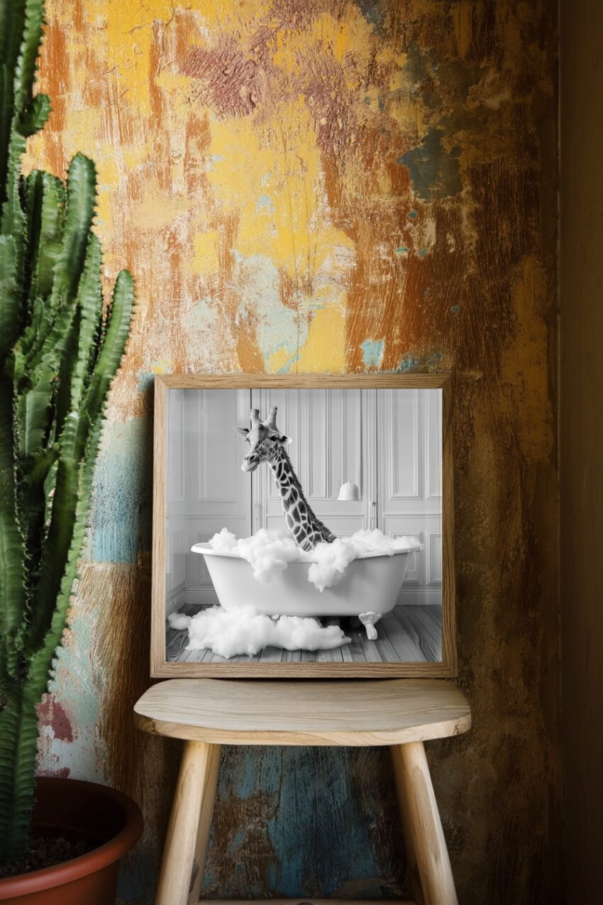 Fotografie Poster Giraffe Badewanne schwarz-weiß
