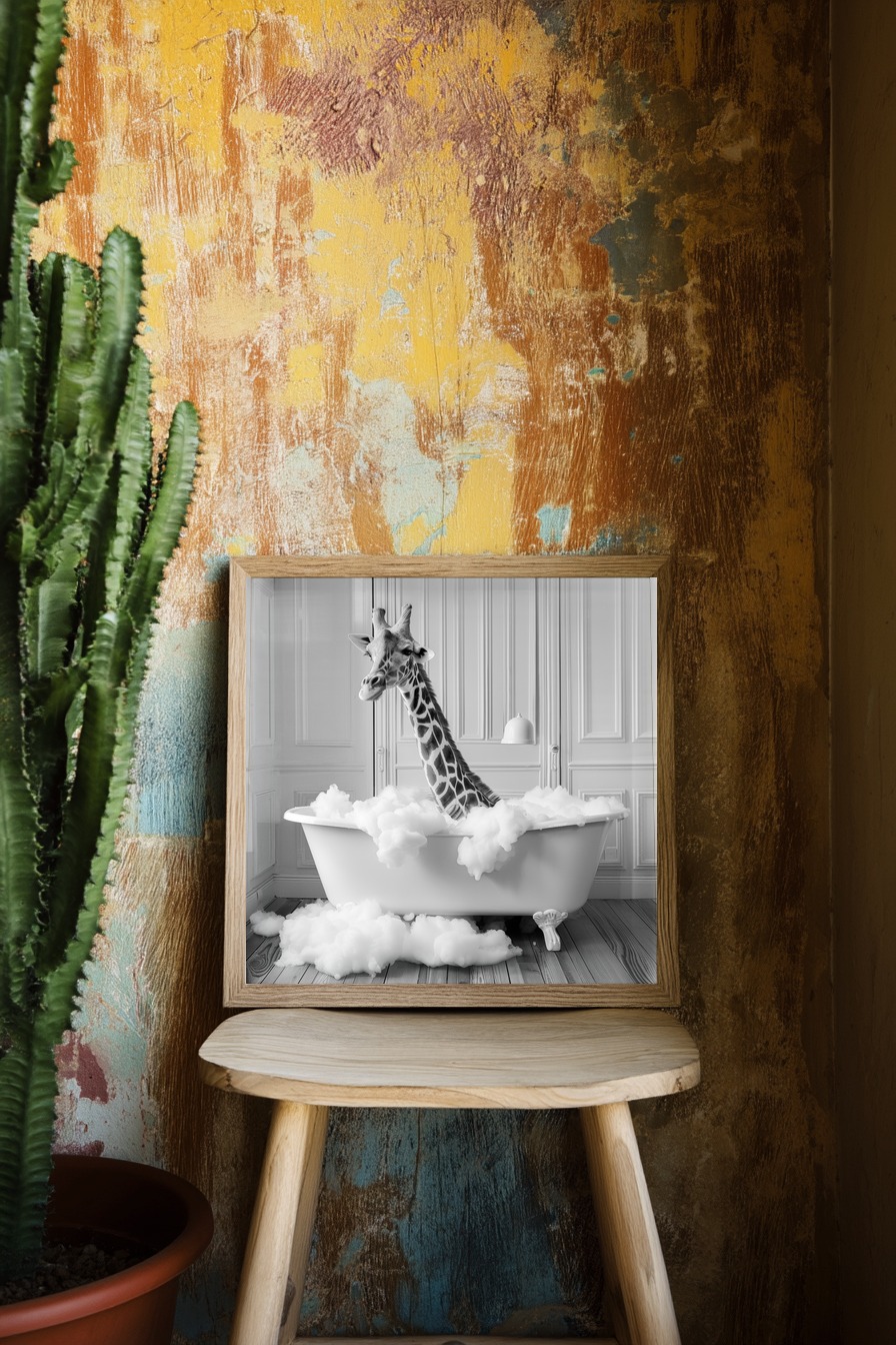 Fotografie Poster Giraffe Badewanne schwarz-weiß
