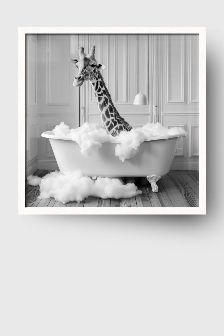 Fotografie Poster Giraffe Badewanne schwarz-weiß