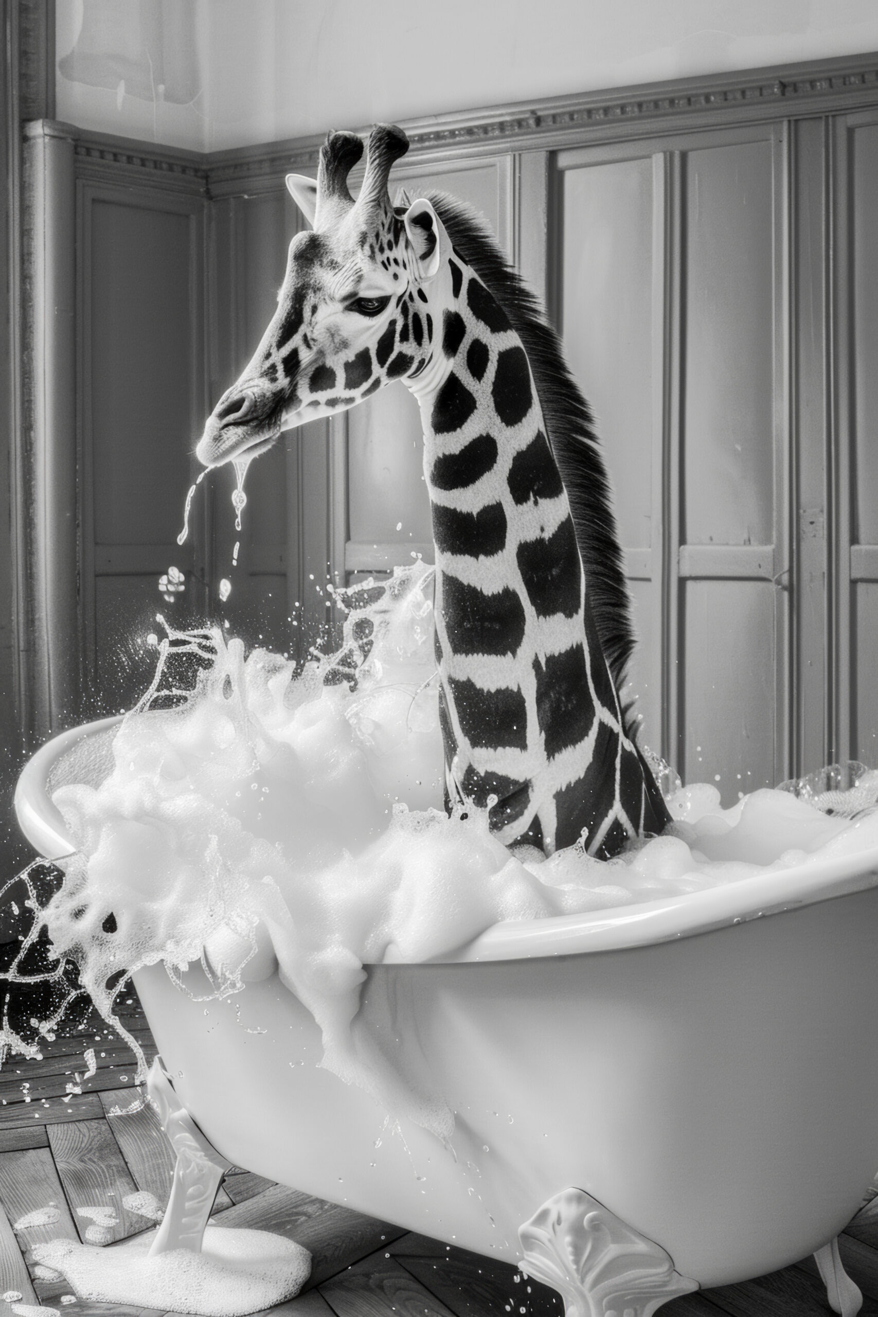 Fotografie Poster Giraffe Badewanne schwarz-weiß