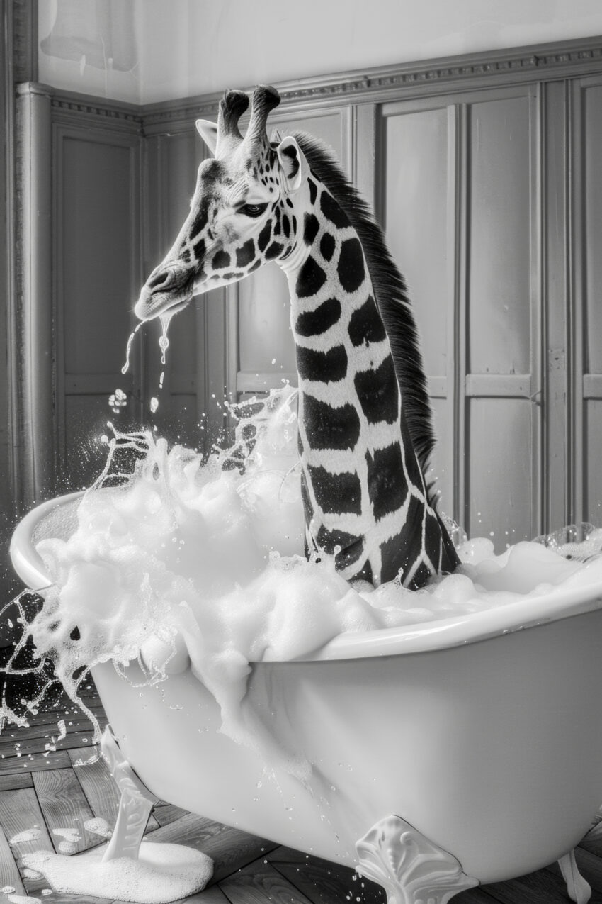Fotografie Poster Giraffe Badewanne schwarz-weiß