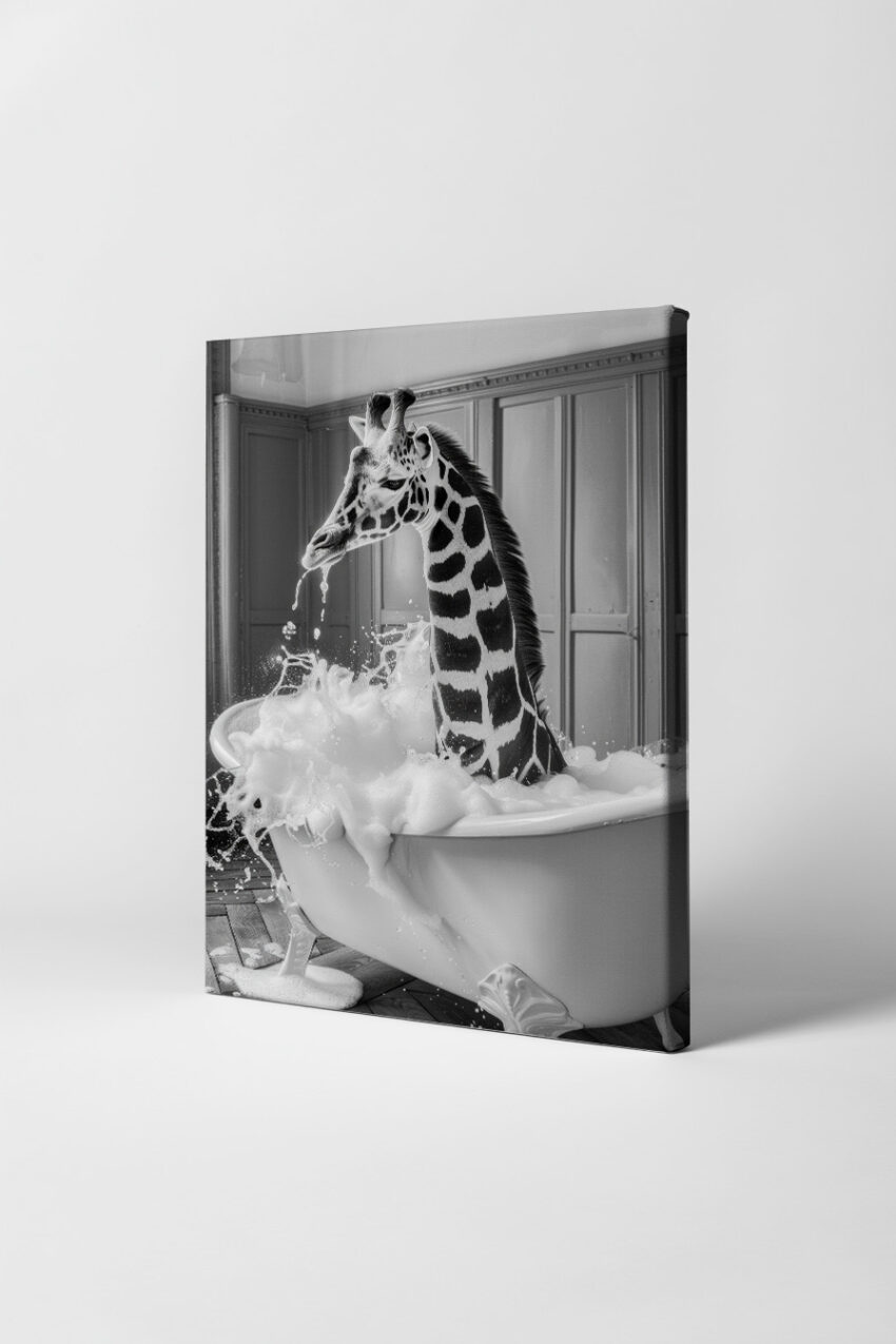 Fotografie Poster Giraffe Badewanne schwarz-weiß