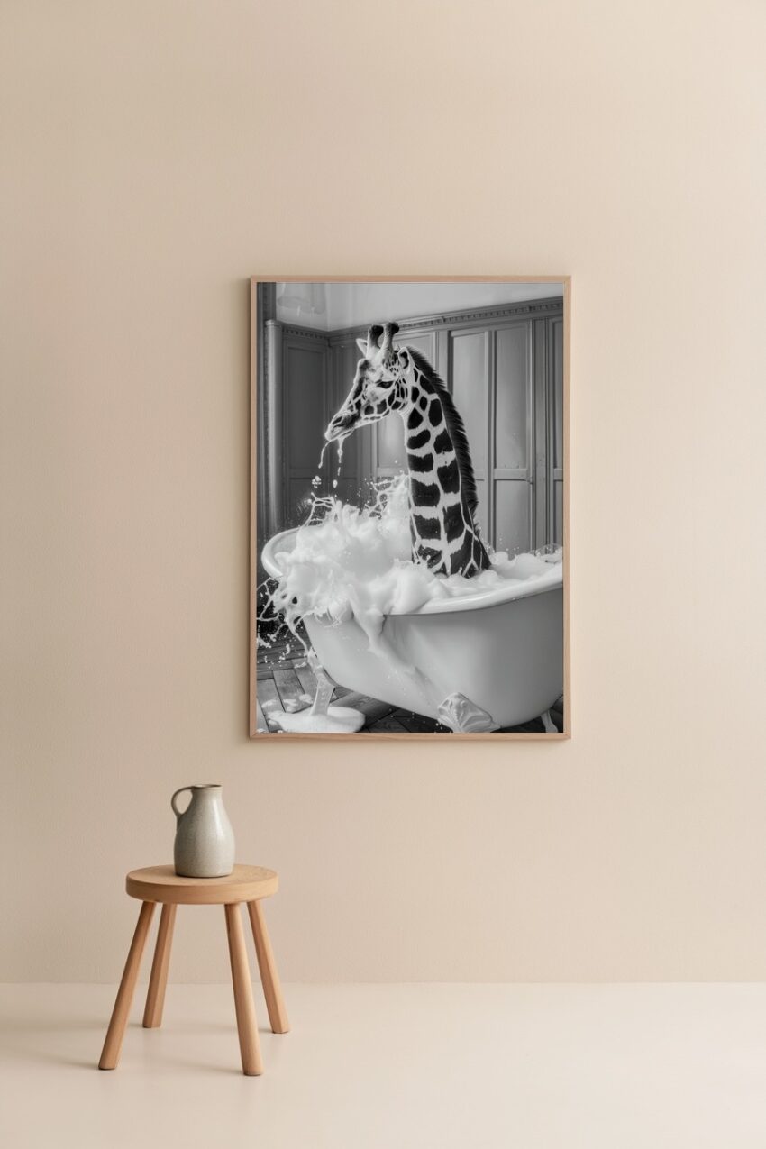 Fotografie Poster Giraffe Badewanne schwarz-weiß