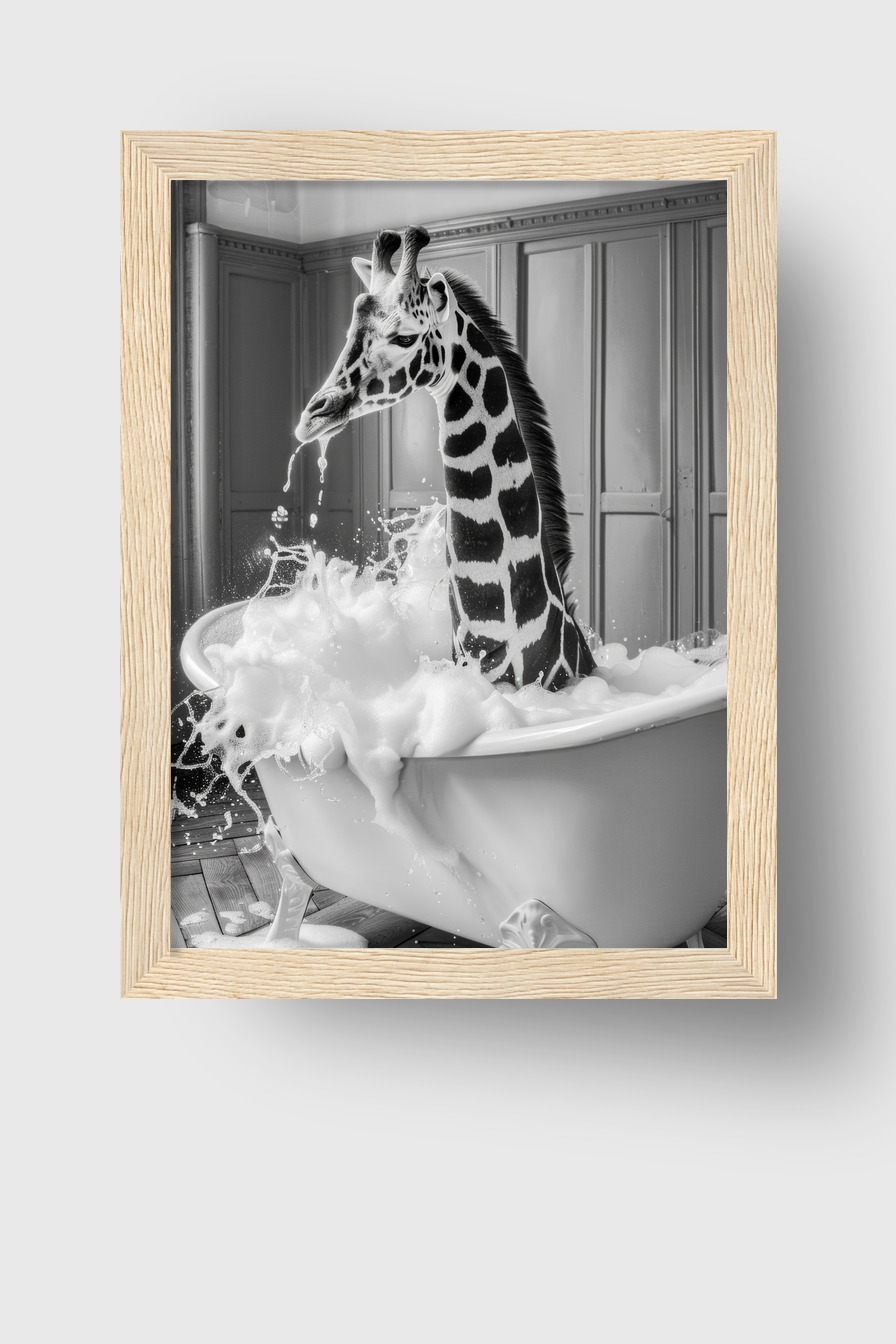 Fotografie Poster Giraffe Badewanne schwarz-weiß