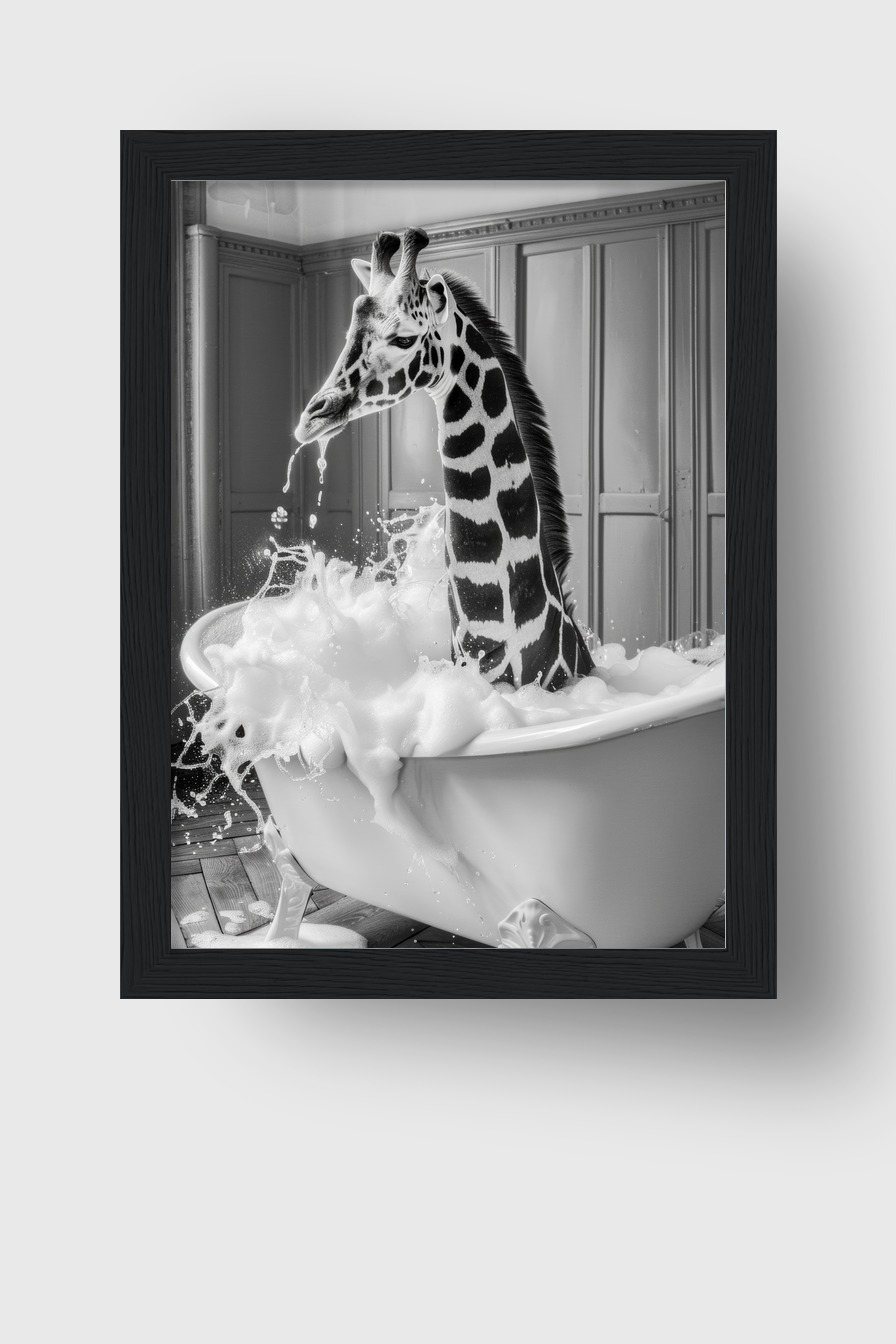 Fotografie Poster Giraffe Badewanne schwarz-weiß
