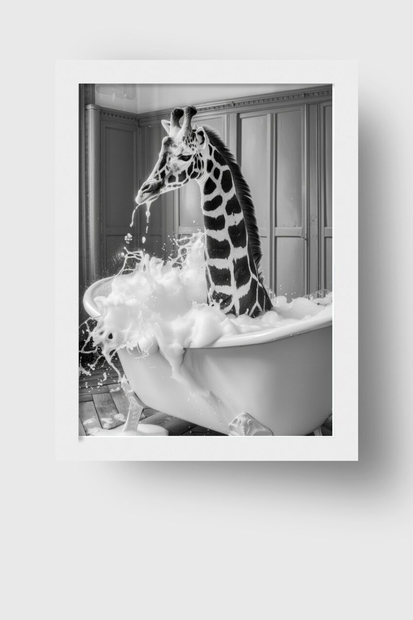 Fotografie Poster Giraffe Badewanne schwarz-weiß
