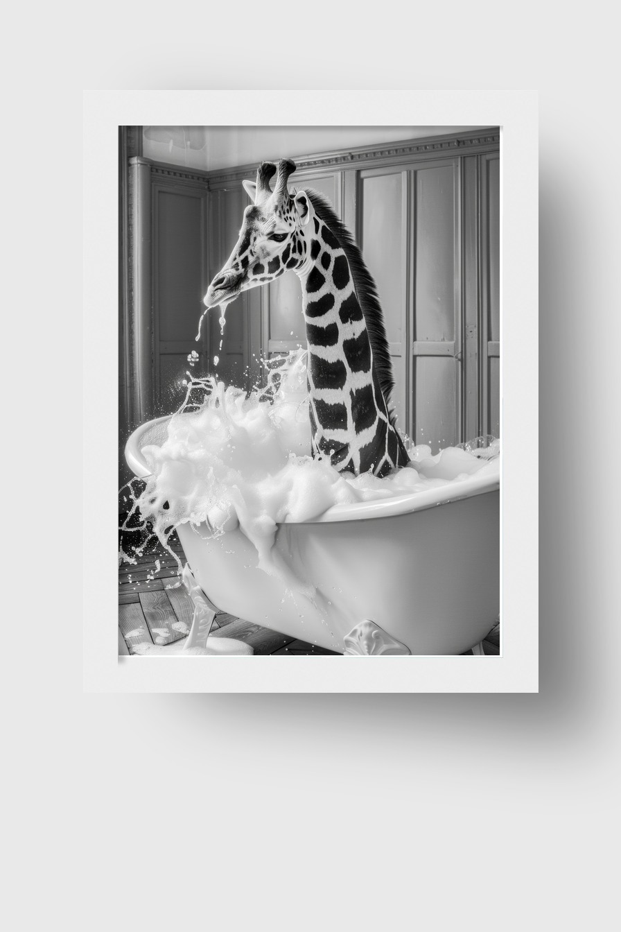 Fotografie Poster Giraffe Badewanne schwarz-weiß