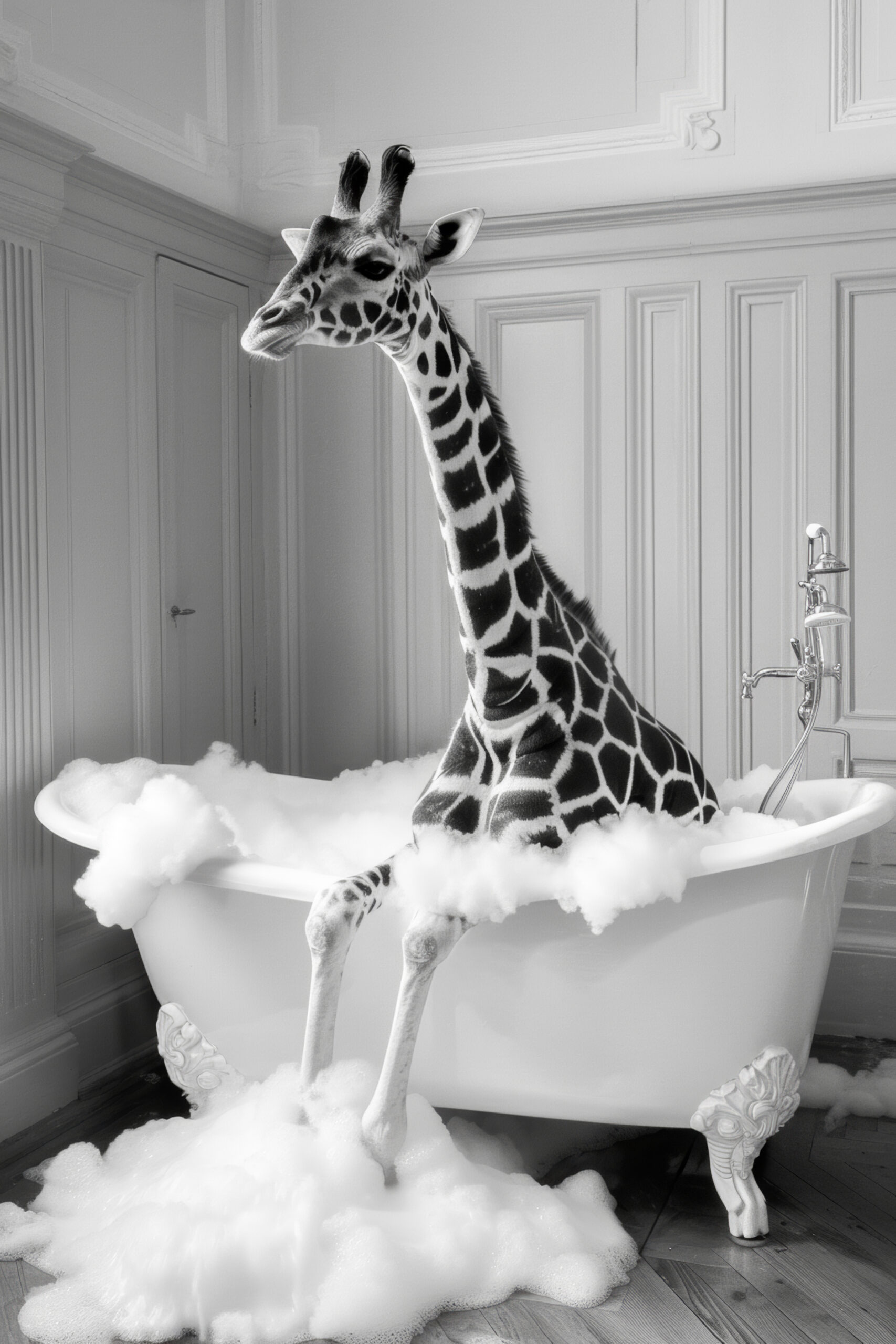 Fotografie Poster Giraffe Badewanne schwarz-weiß surreal
