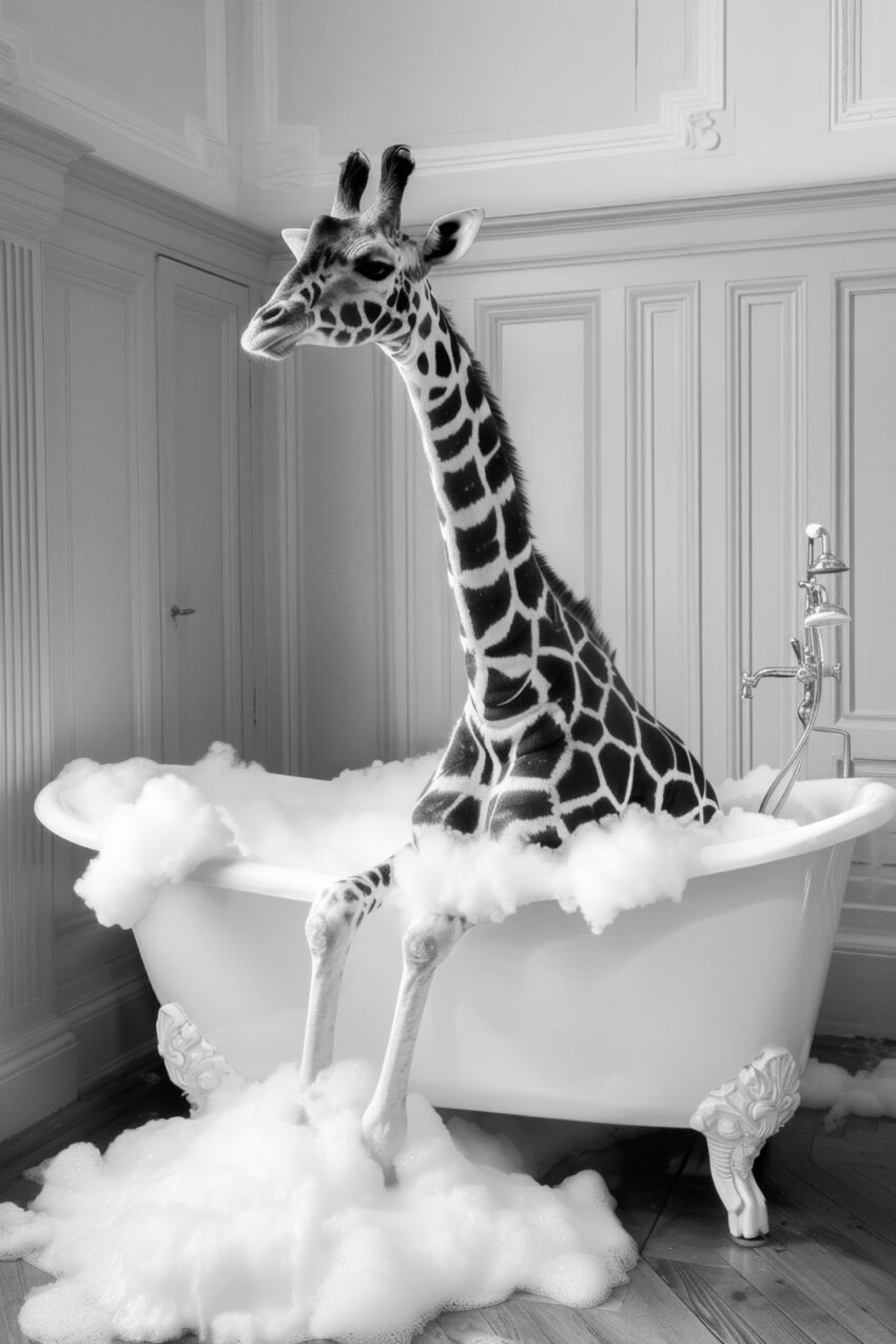 Fotografie Poster Giraffe Badewanne schwarz-weiß surreal