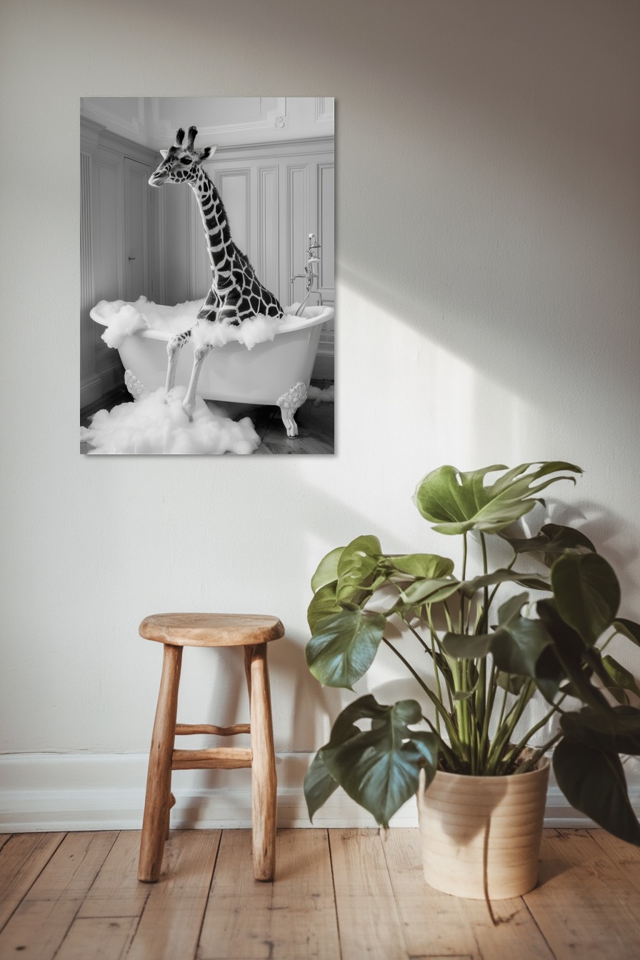 Fotografie Poster Giraffe Badewanne schwarz-weiß surreal
