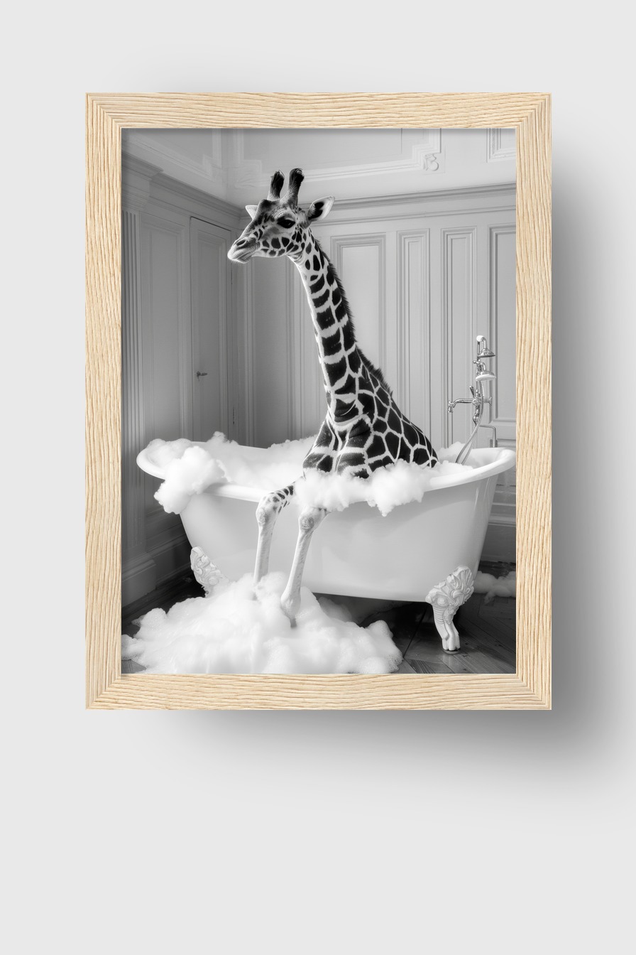 Fotografie Poster Giraffe Badewanne schwarz-weiß surreal