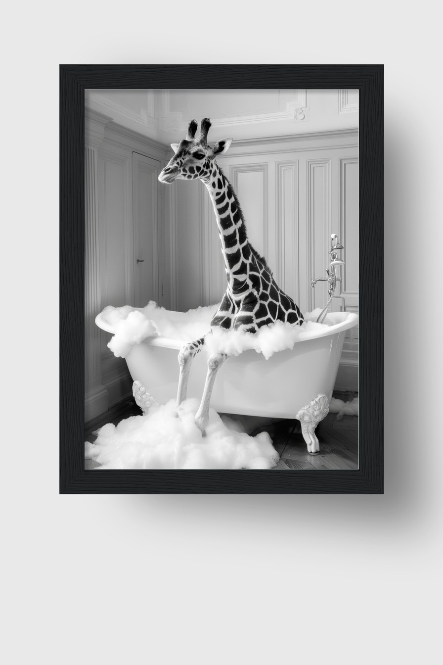 Fotografie Poster Giraffe Badewanne schwarz-weiß surreal