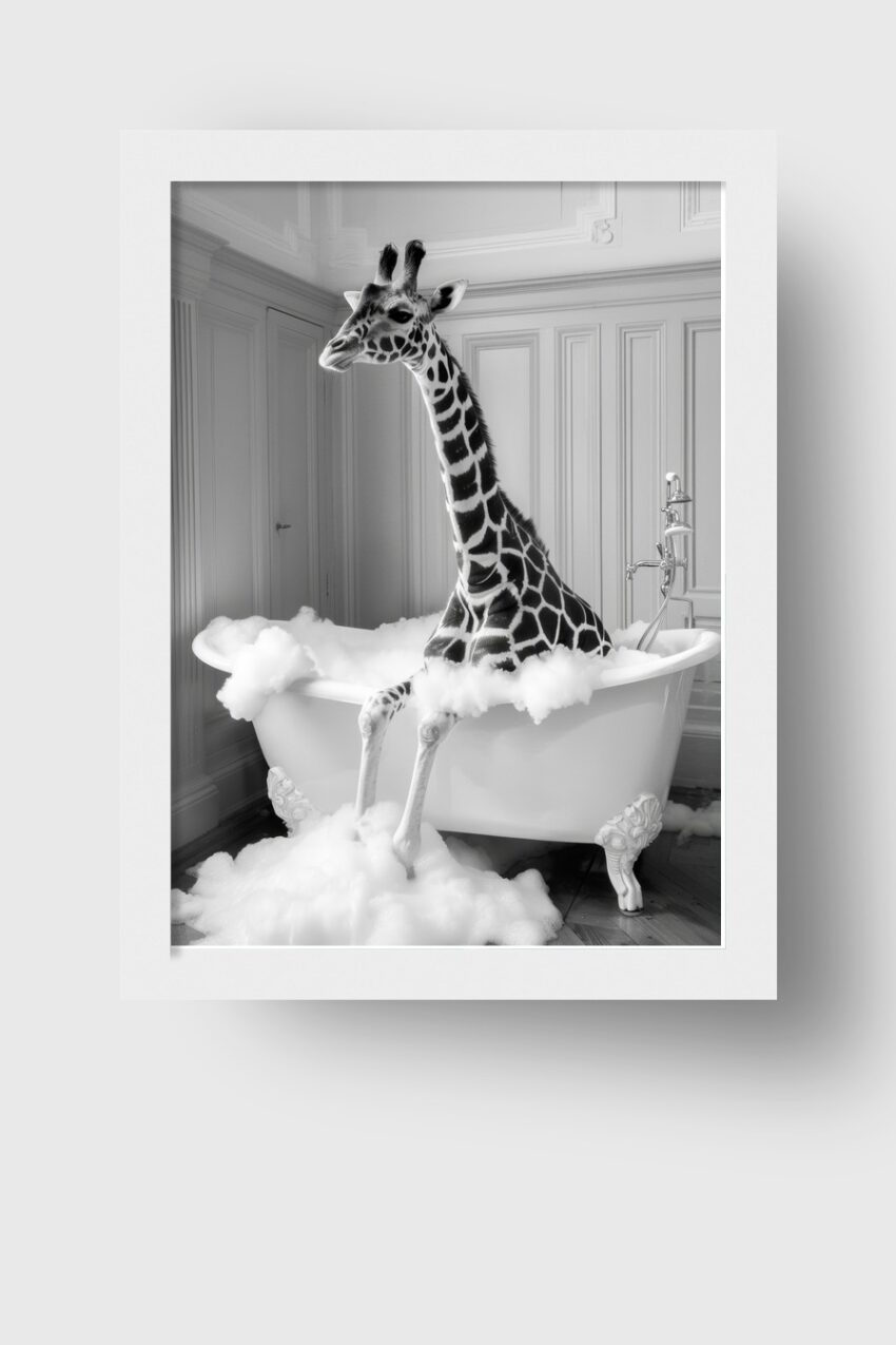 Fotografie Poster Giraffe Badewanne schwarz-weiß surreal