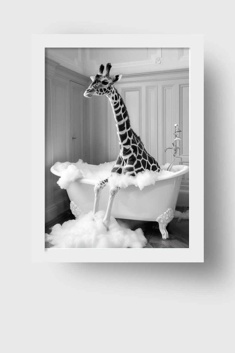 Fotografie Poster Giraffe Badewanne schwarz-weiß surreal