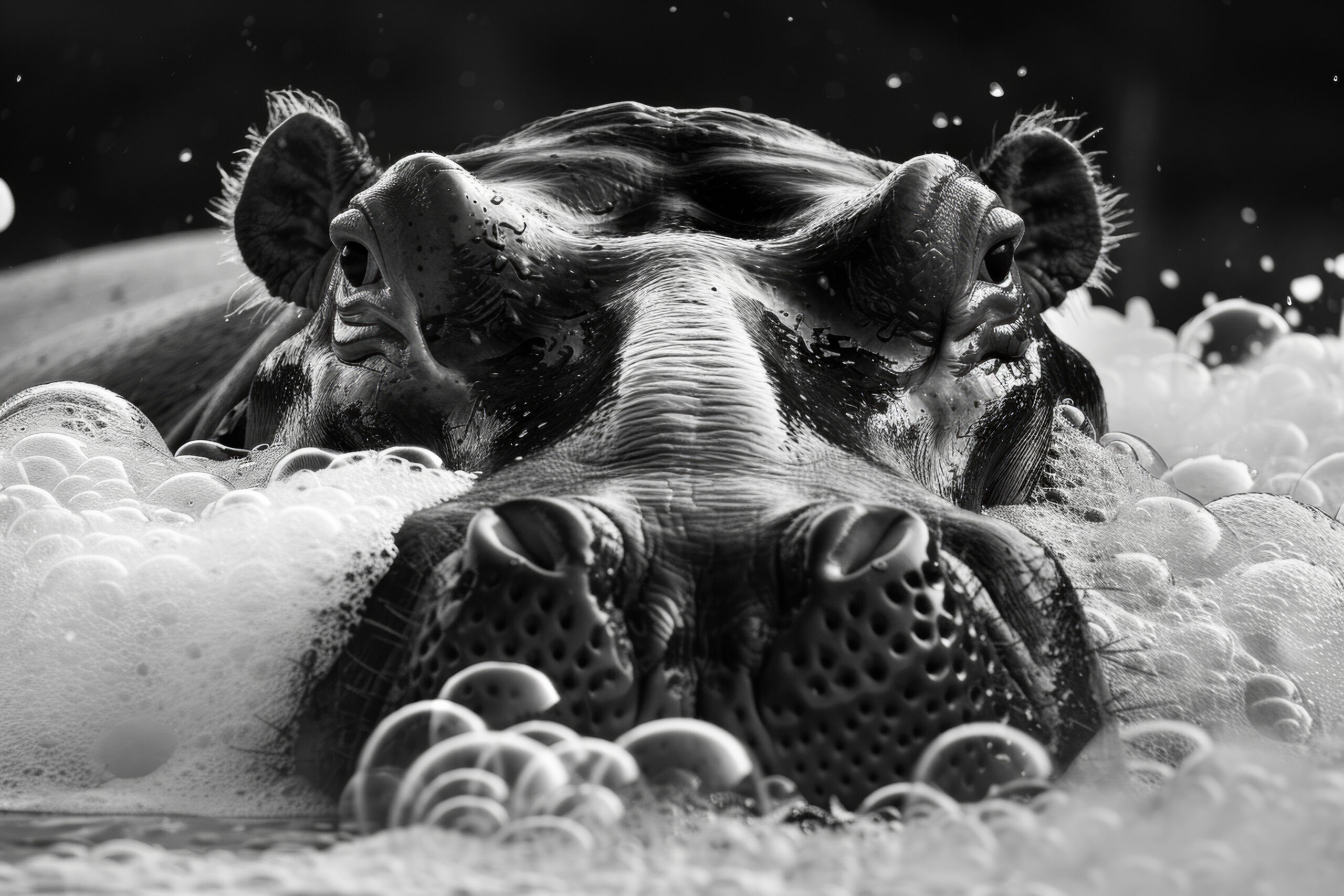 Fotografie Poster Nilpferd Nahaufnahme schwarz-weiß Schaum