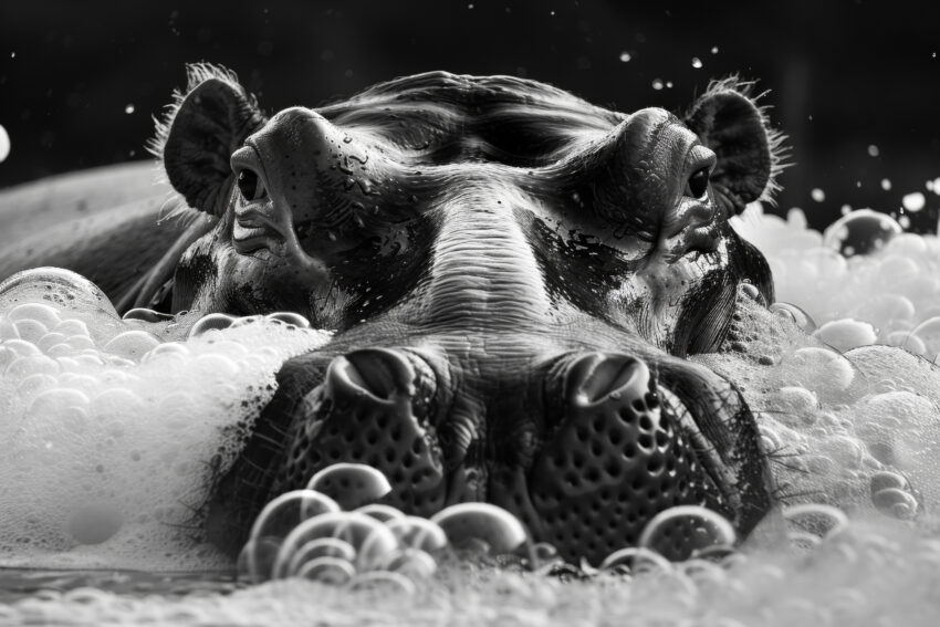 Fotografie Poster Nilpferd Nahaufnahme schwarz-weiß Schaum