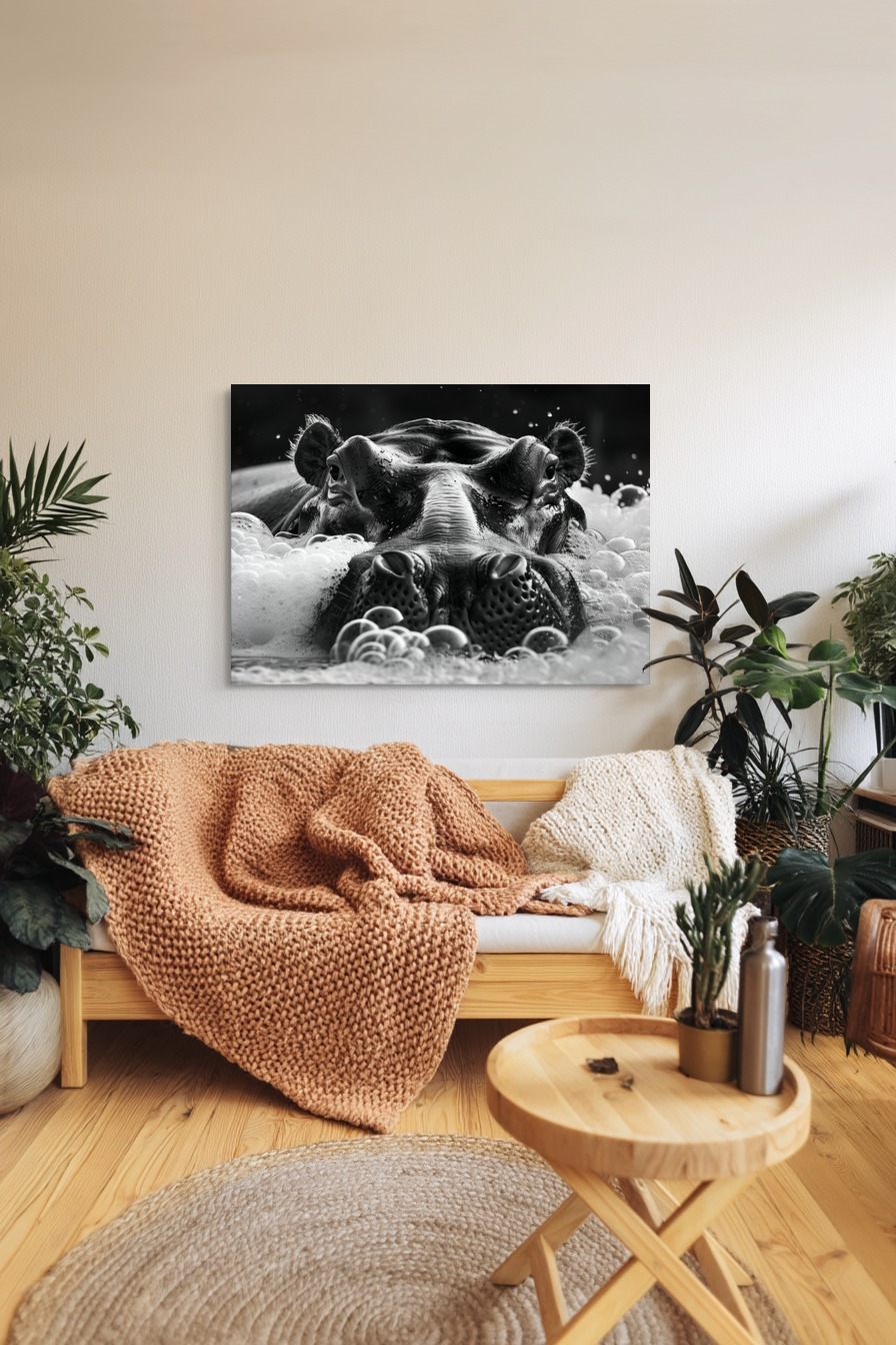 Fotografie Poster Nilpferd Nahaufnahme schwarz-weiß Schaum