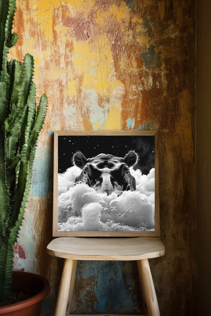 Fotografie Poster Nilpferd Nahaufnahme schwarz-weiß Schaum