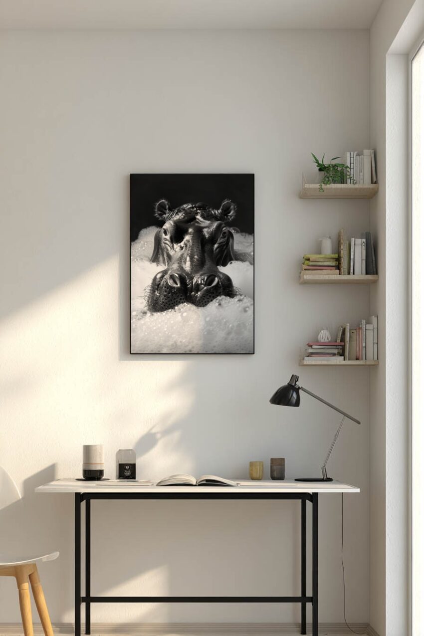 Fotografie Poster Nilpferd Nahaufnahme schwarz-weiß Schaum