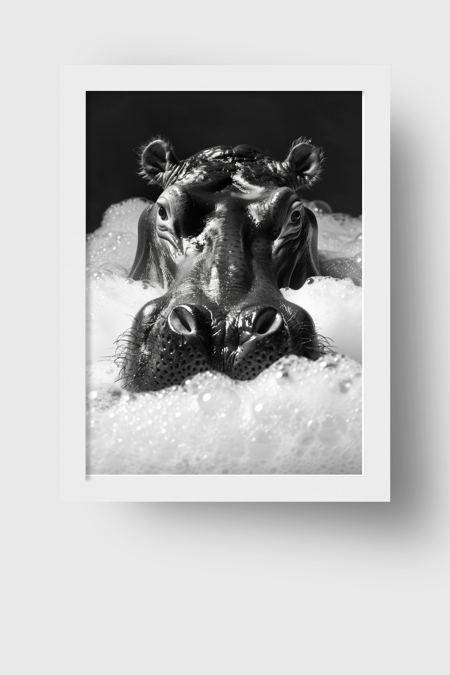 Fotografie Poster Nilpferd Nahaufnahme schwarz-weiß Schaum