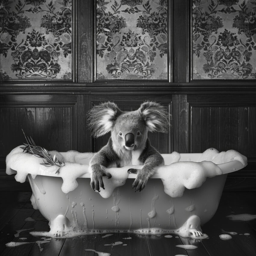 Fotografie Poster Koala Badewanne schwarz-weiß