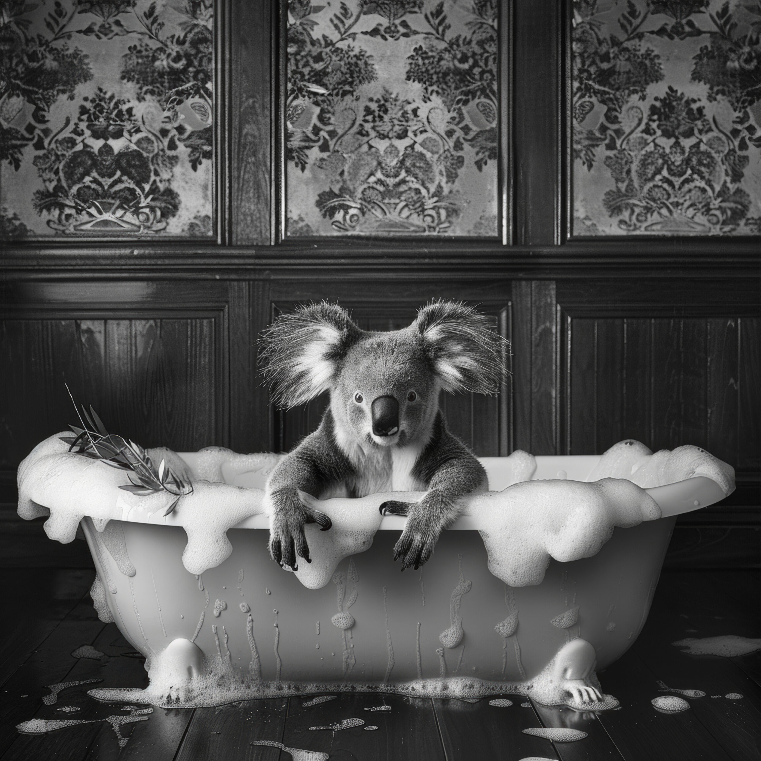 Fotografie Poster Koala Badewanne schwarz-weiß