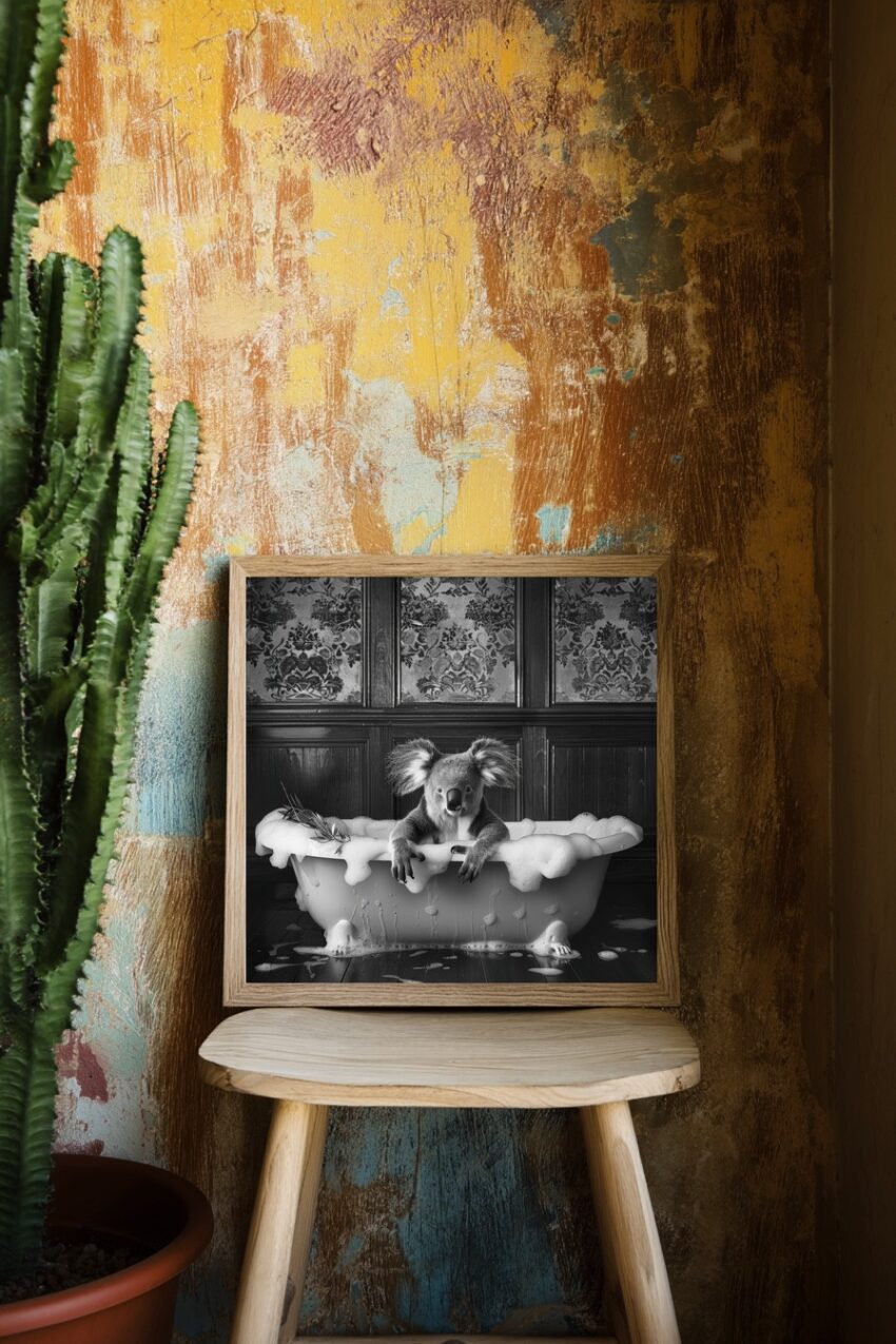 Fotografie Poster Koala Badewanne schwarz-weiß