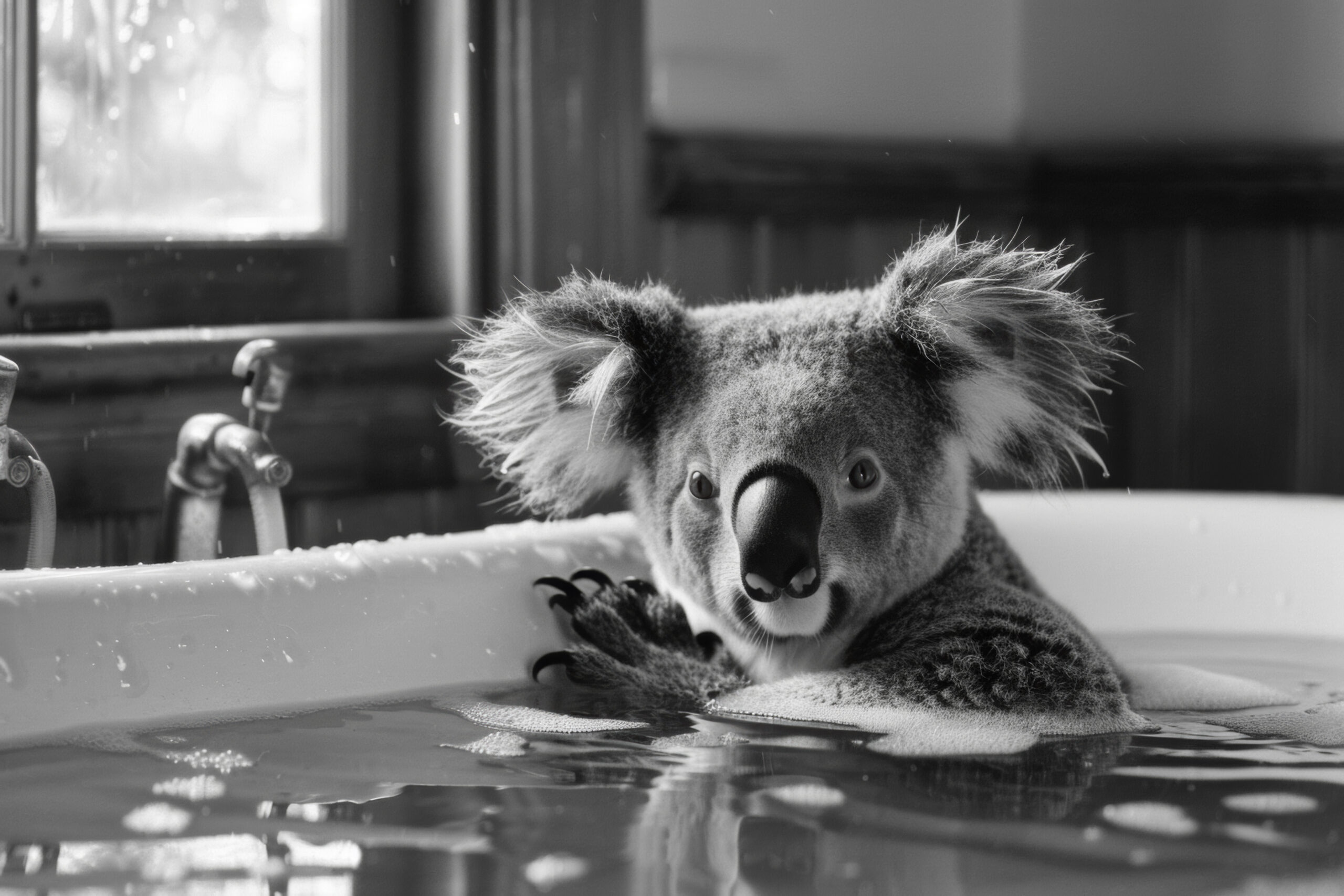 Fotografie Poster Koala Badewanne schwarz-weiß