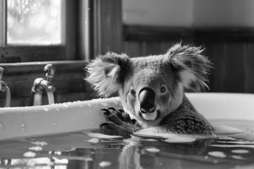 Fotografie Poster Koala Badewanne schwarz-weiß