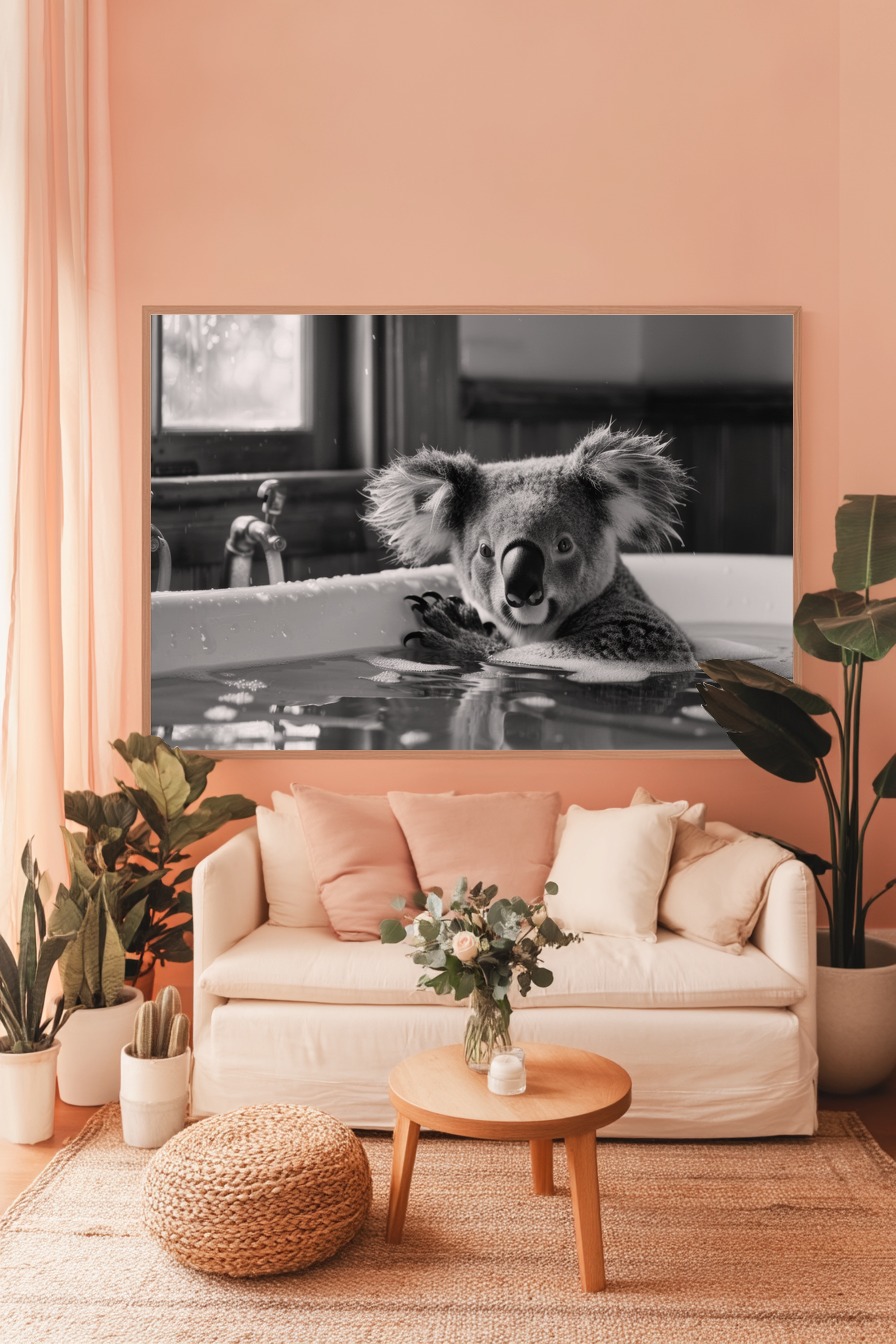 Fotografie Poster Koala Badewanne schwarz-weiß