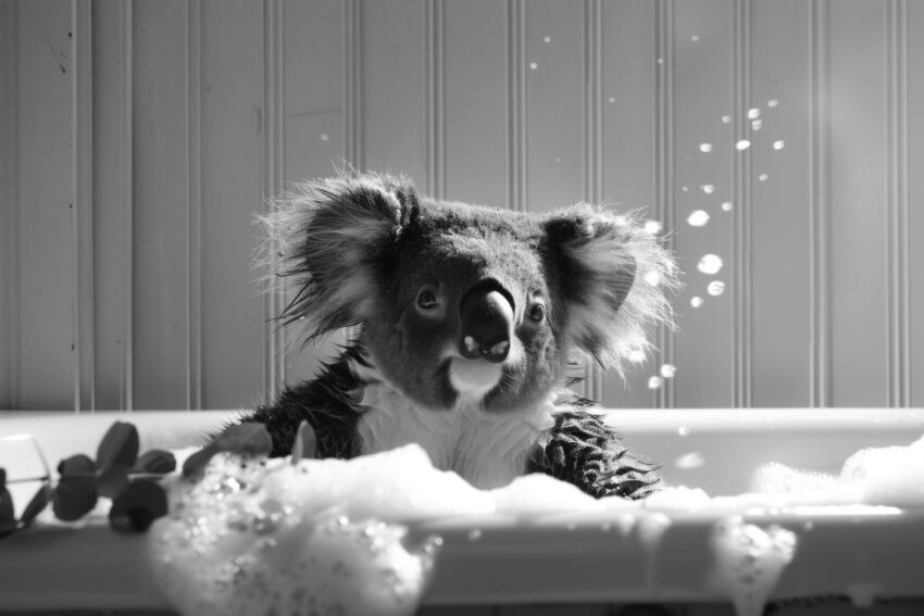 Fotografie Poster Koala Badewanne schwarz-weiß