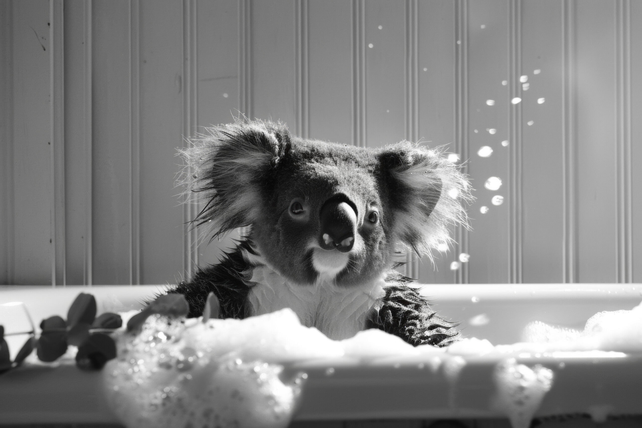 Fotografie Poster Koala Badewanne schwarz-weiß