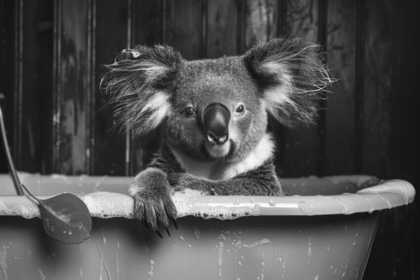 Fotografie Poster Koala Badewanne schwarz-weiß