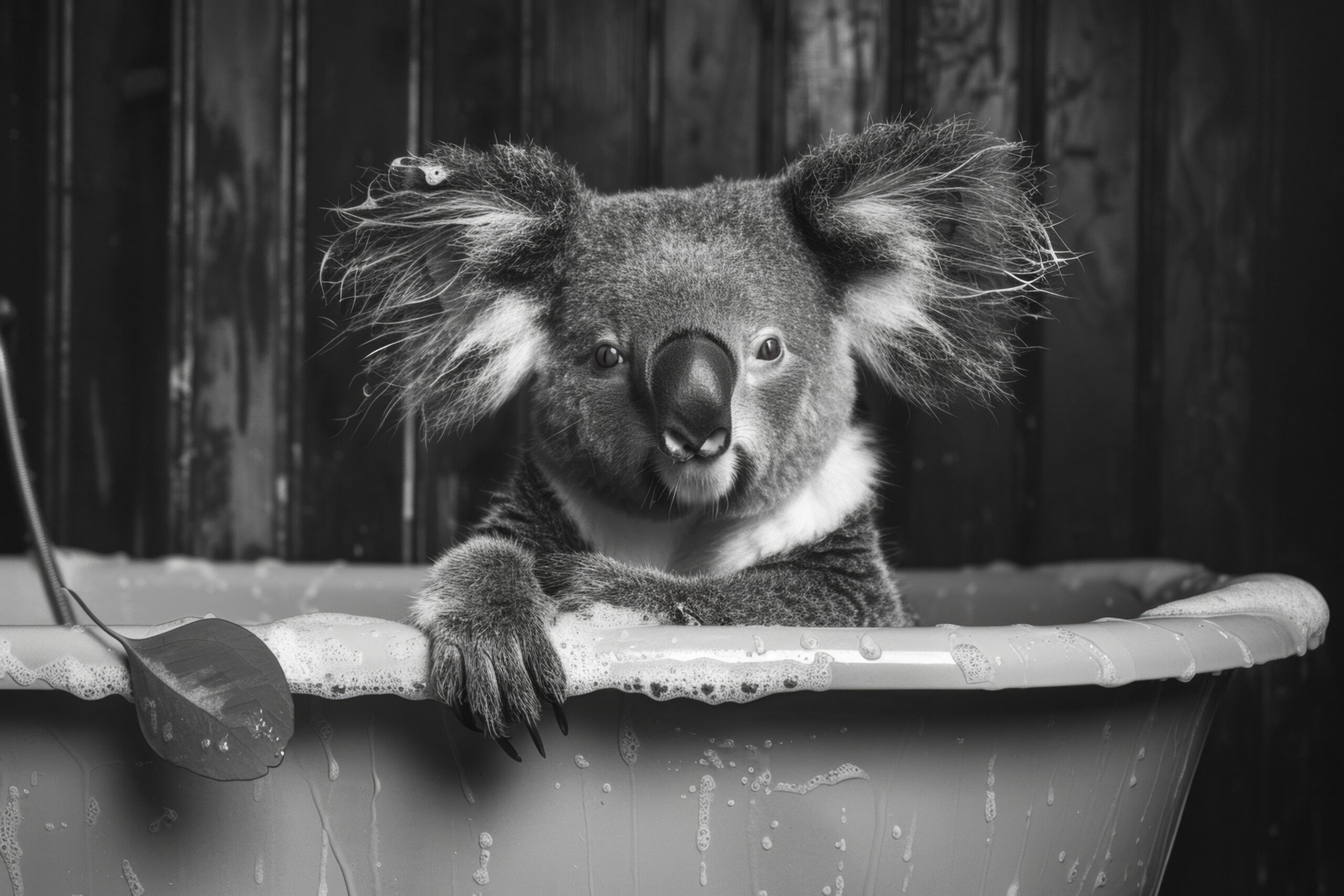 Fotografie Poster Koala Badewanne schwarz-weiß