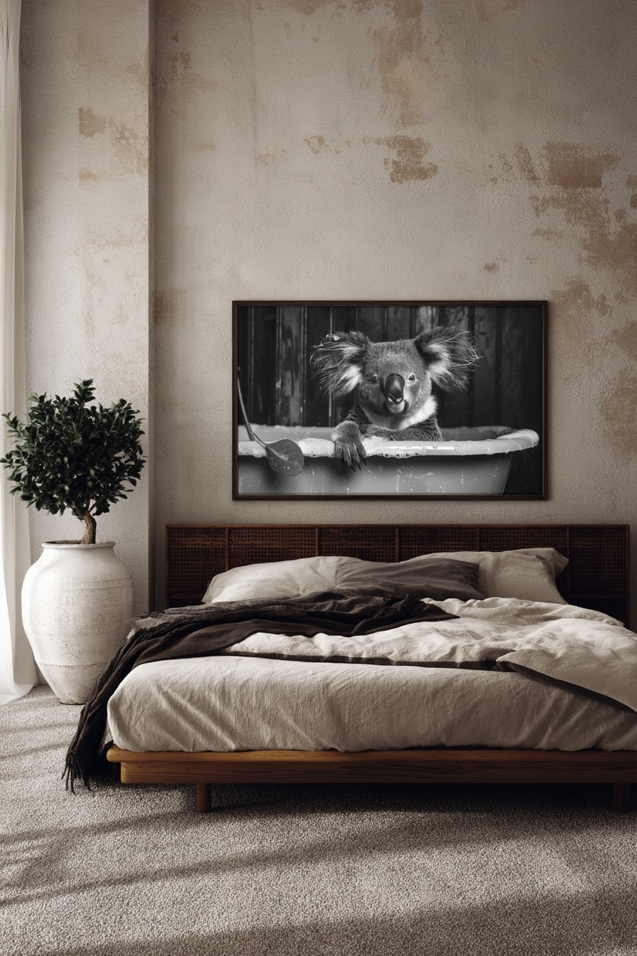 Fotografie Poster Koala Badewanne schwarz-weiß