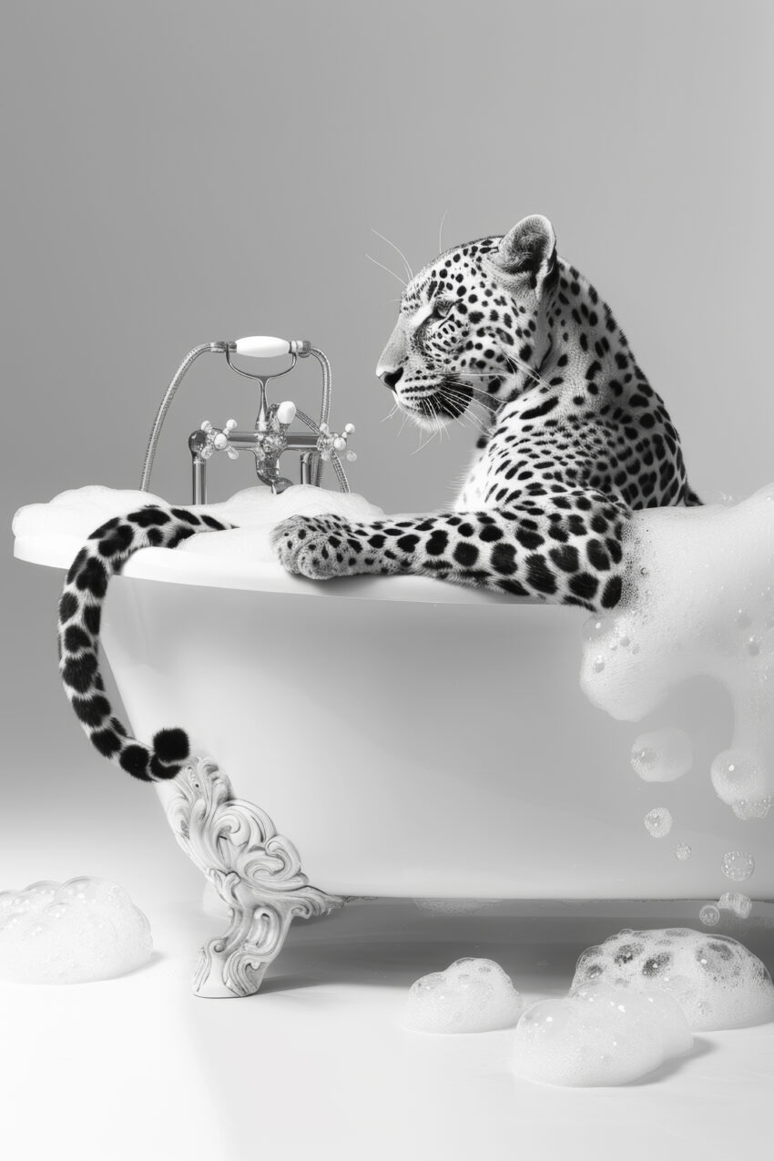 Fotografie Poster Leopard Badewanne schwarz-weiß
