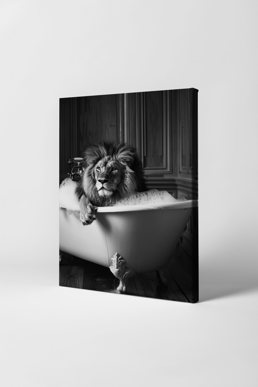 Fotografie Poster Löwe Badewanne schwarz-weiß ruhig