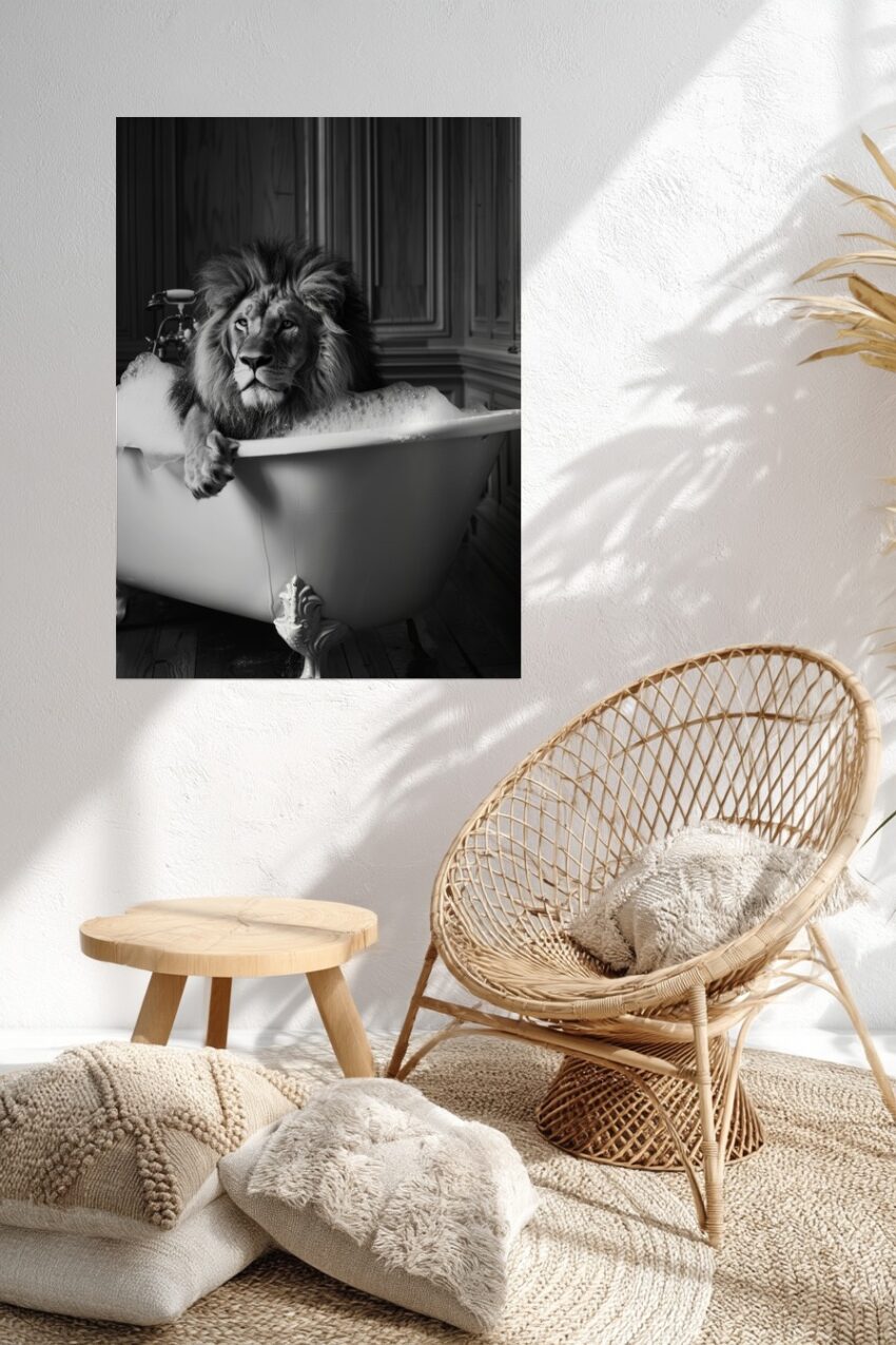 Fotografie Poster Löwe Badewanne schwarz-weiß ruhig