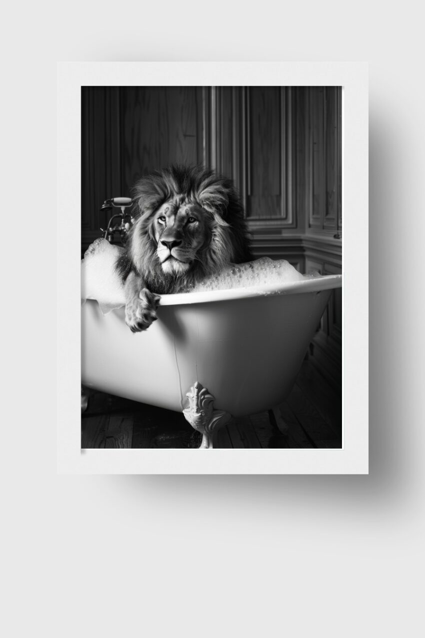 Fotografie Poster Löwe Badewanne schwarz-weiß ruhig
