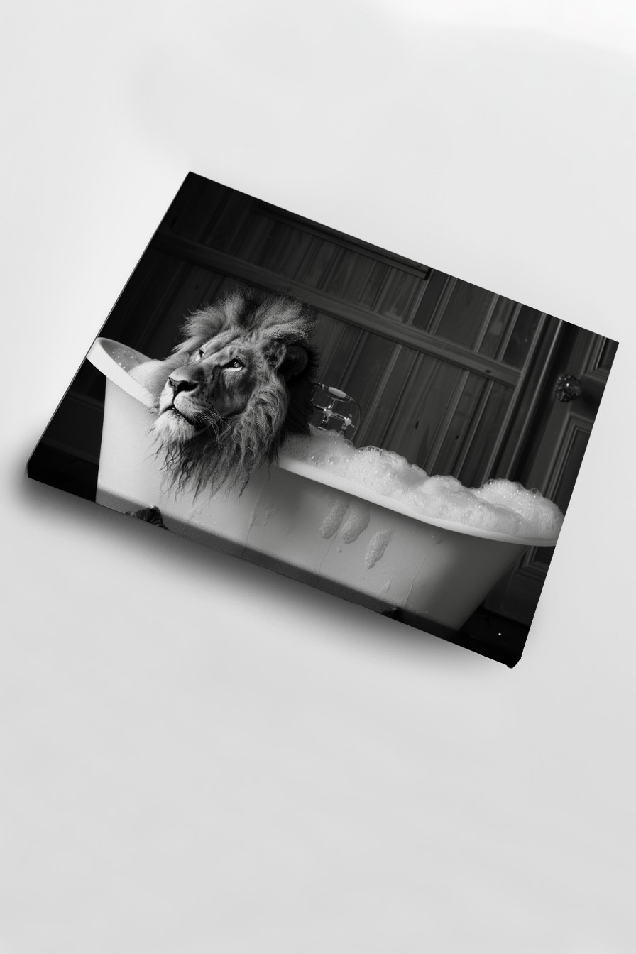 Fotografie Poster Löwe Badewanne schwarz-weiß