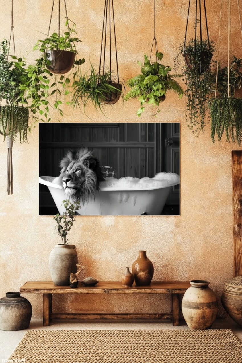 Fotografie Poster Löwe Badewanne schwarz-weiß