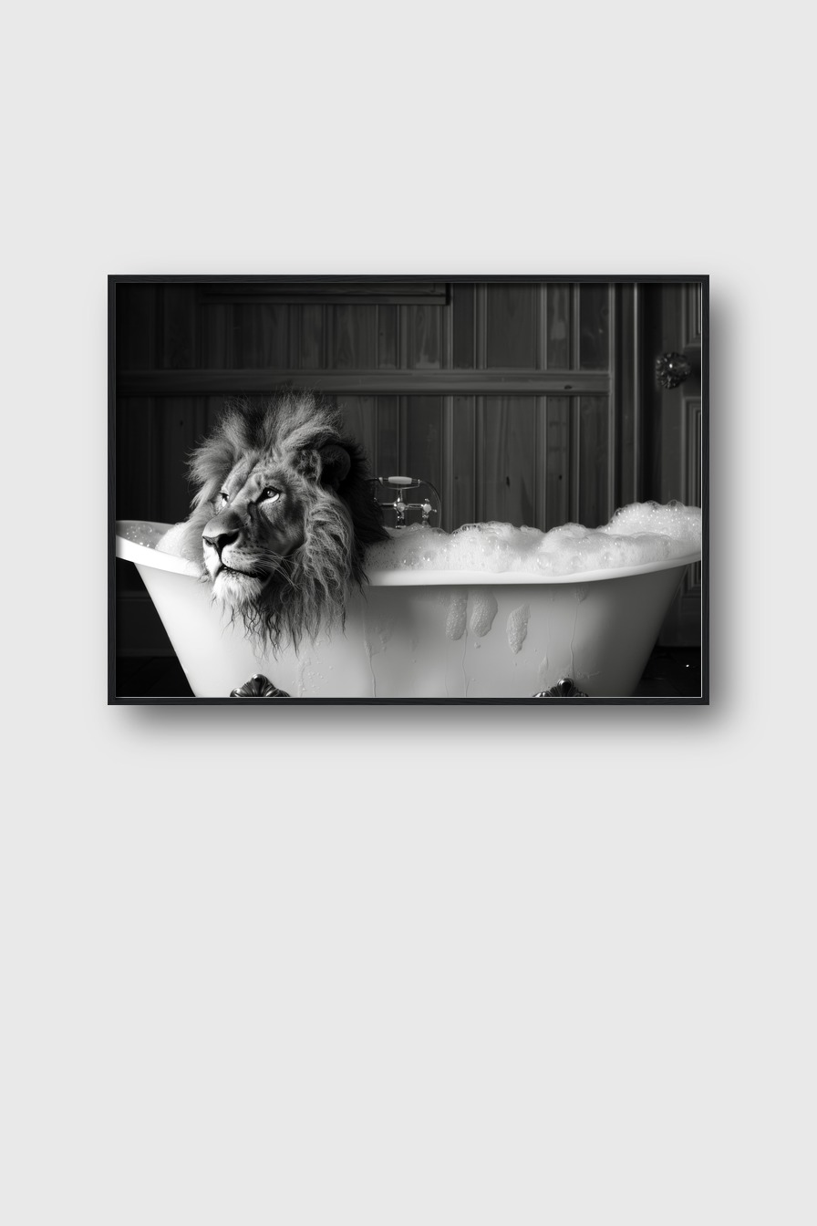 Fotografie Poster Löwe Badewanne schwarz-weiß